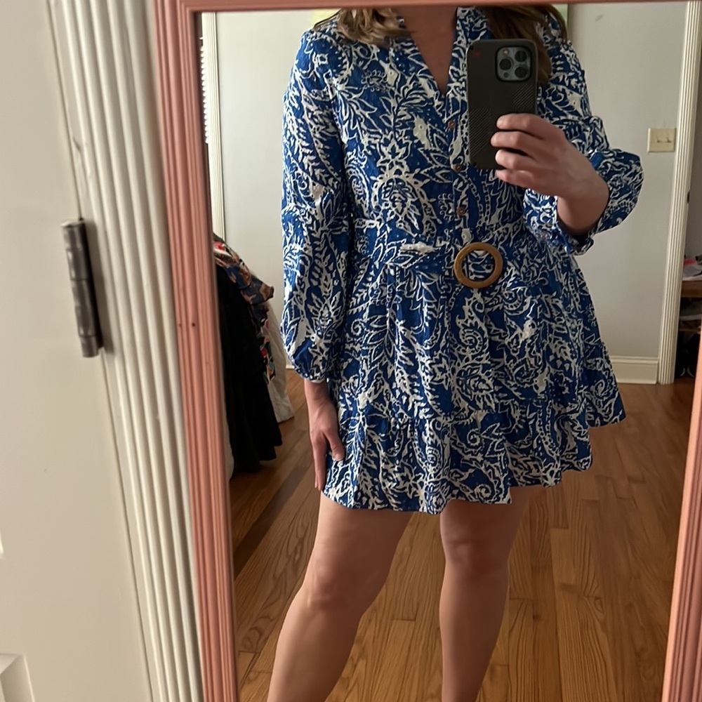 ZARA Blue white Eyelet Dress with Belt NEW size small